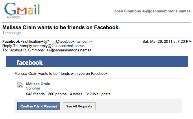 A screenshot of an email: "Melissa Crain wants to be friends on Facebook."